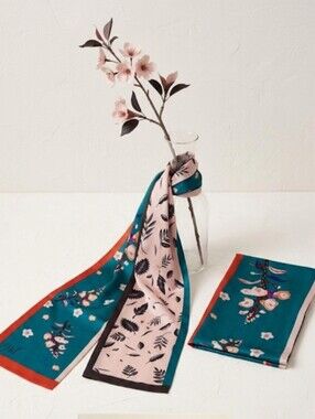 Floral & Leaf Long Scarf - Teal, Pink, Black Accents